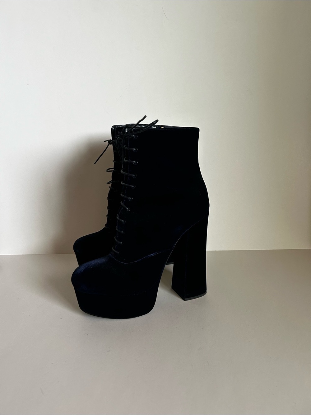 Prada Black Velvet Lace-Up Platform Ankle Boots